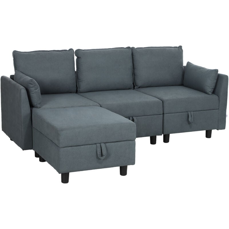 Image of Divano Modulare Componibile 3 Posti con Pouf e Contenitori Grigio - Homcom