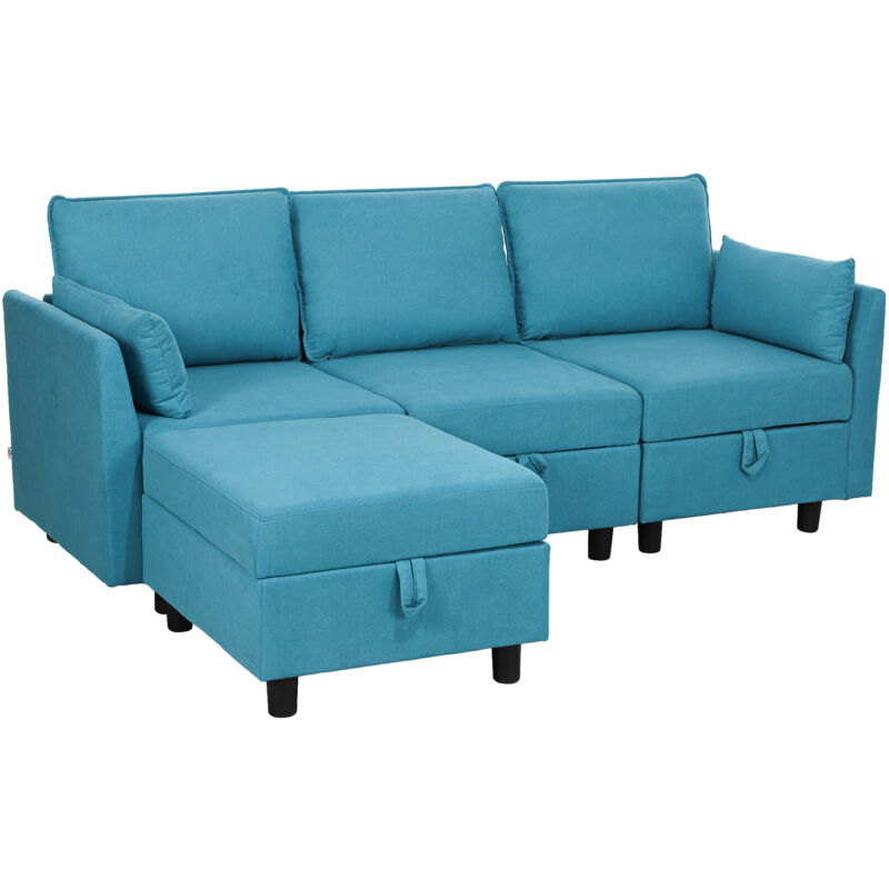 Image of Divano Modulare Componibile 3 Posti con Pouf e Contenitori Blu - Homcom