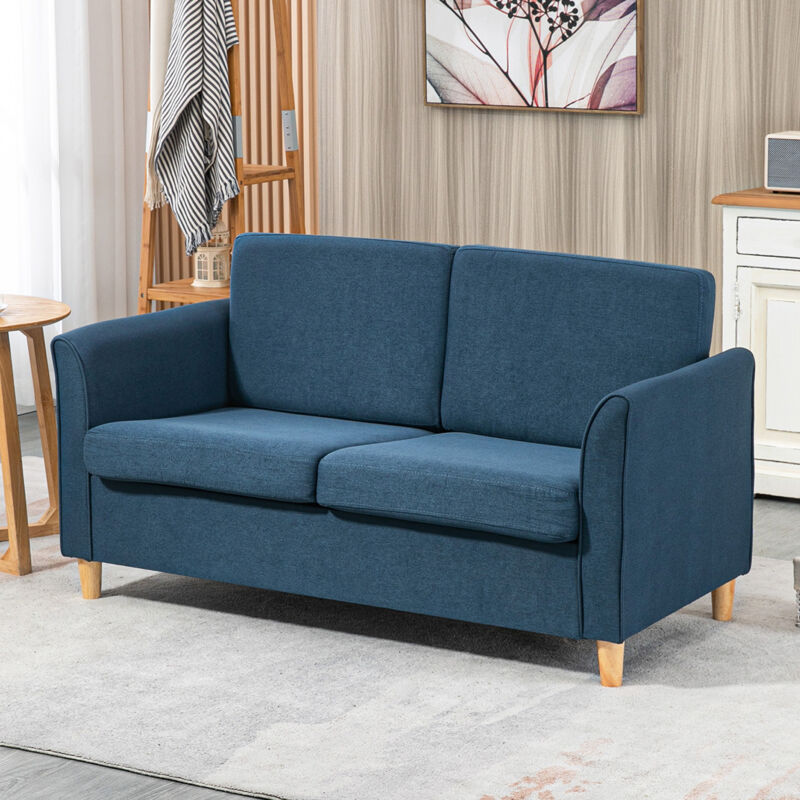 HOMCOM Double Seat Sofa Linen Upholstery Loveseat Couch w/ Armrests Blue