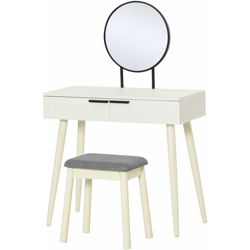 Dressing Table Vanity Set Make Up Desk With Round Mirror & Stool White - Homcom
