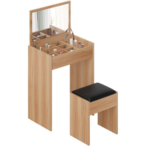 HOMCOM Dressing Table Set Padded Stool with Flip-up Mirror Multi-purpose Wood Grain