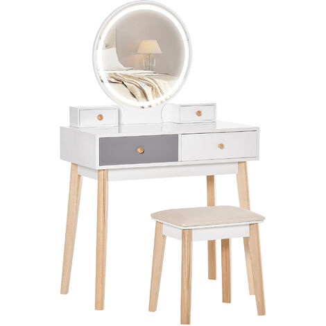 main image of "HOMCOM Dressing Table Set w/ LED Light Mirror 4 Drawer Cabinet Stool Makeup Desk Grey"