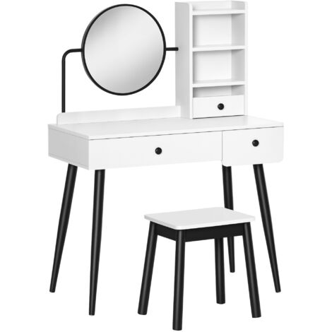 HOMCOM Dressing Table Set with 3 Drawers, Storage shelves and Stool White