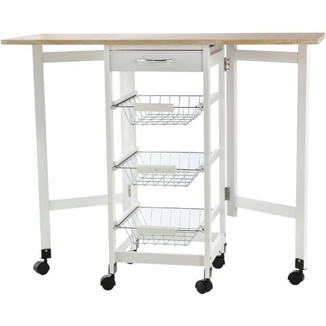 HOMCOM Drop-Leaf Kitchen Trolley w/ 3 Baskets Drawer Surface Top 6 Wheels White