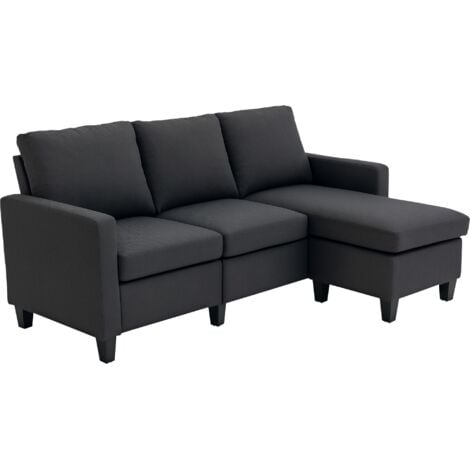 HOMCOM Ecksofa, 3 Sitzer Sofa und Kissen, Eckcouch, L-Form Couch für Wohnzimmer, Schlafzimmer 197 x 139 x 91 cm, Leinen, Dunkelgrau
