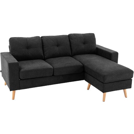 HOMCOM Ecksofa L-Form Sofa mit 3 Kissen, Eckcouch mit Knopfheftung, Leinenoptik, Couch Wohnlandschaft für Wohnzimmer, Schlafzimmer 193 x 136 x 85 cm Schwarz