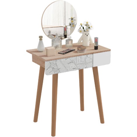 main image of "HOMCOM Elegant Compact Dressing Table w/ Pattern Drawer Mirror Tabletop White"