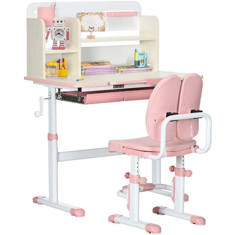 Ensemble bureau et chaise pour enfants - HOMCOM - hauteur réglable et plateau inclinable 0-60° - acier - rose