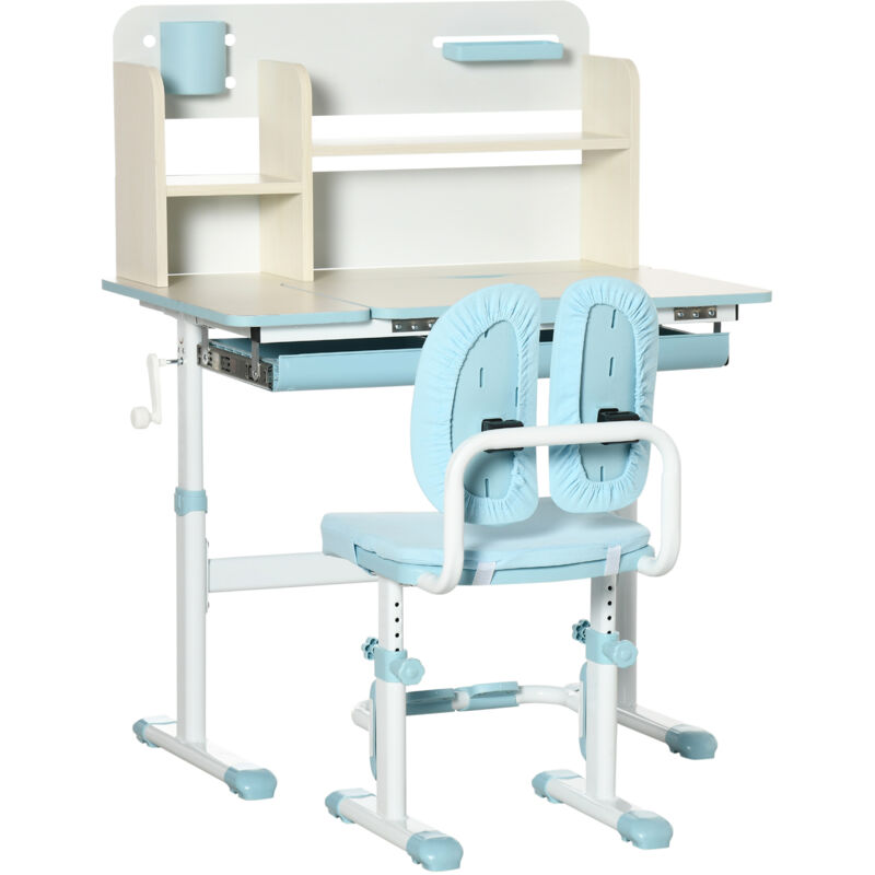 Ensemble bureau et chaise pour enfants - HOMCOM - hauteur réglable et plateau inclinable 0-60° - acier - bleu