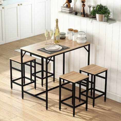 HOMCOM Ensemble Table de Bar Industriel + 4 tabourets Repose-Pieds en Bois couleur Chêne Clair Cadre en métal Noir