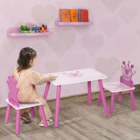 HOMCOM Ensemble table et 2 chaises enfant 3 pièces. pieds en bois massif. table enfant avec chaise motif couronne. pour filles et garçons de 2 à 4 ans. rose