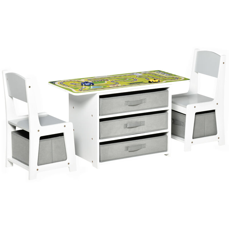Homcom - Ensemble table et chaises enfant - set de 3 pièces + 5 tiroirs non tissés - table étagère pour jouets 2 en 1 - plateau double face blanc ou