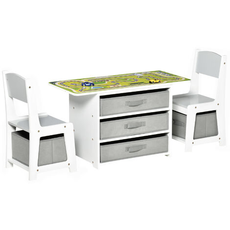 HOMCOM Ensemble table et chaises enfant - set de 3 pièces + 5 tiroirs non tissés - table étagère pour jouets 2 en 1 - plateau double face blanc ou circuit - 2 voitures incluses - MDF blanc gris