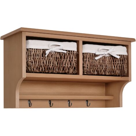 HOMCOM Entryway Coat Rack Wall Mounted Shelf Hooks 2 Baskets Brown
