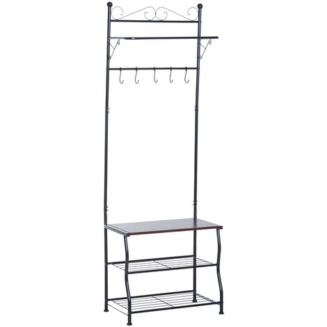 Homcom Entryway Multipurpose Metal Cloth Stand 3 Tier Shoe Rack W 5 Hooks Black