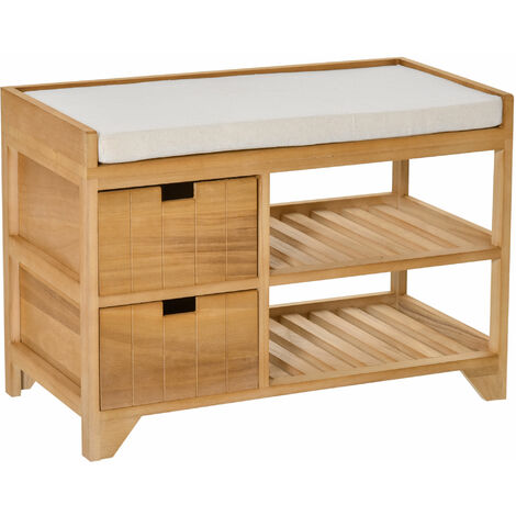 HOMCOM Entryway Storage Shoe Bench Slatted Rack Drawer Organiser Cushioned Seat Wooden 69L x 34W x 48H cm