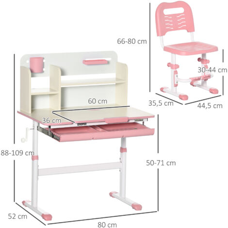 HOMCOM Escritorio y Silla para +3 Años con Altura Ajustable y Mesa Inclinable 80x52x88-109 cm y 35,5x44,5x66-80 cm Rosa