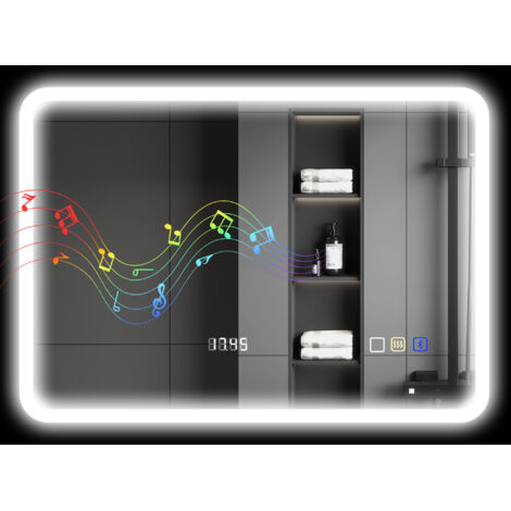 HOMCOM espejo de baño con luz LED 70x50 cm con bluetooth 3 colores de luz reloj digital función antivaho función de memoria interruptor táctil IP44