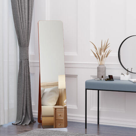 HOMCOM Espejo de Pie Cuerpo Entero Rectangular Espejo de Pared con 2 Formas de Uso Marco de Madera de Pino Moderno para Pasillo Dormitorio Sala de Estar 37x43x156 cm Nogal