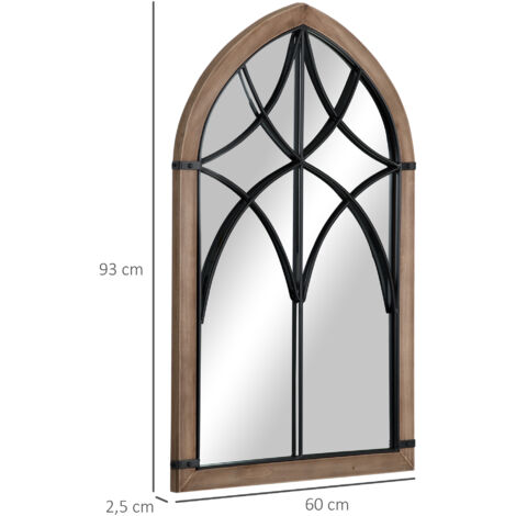 HOMCOM Espejo Decorativo de Pared de Madera 93x60 cm Espejo de Ventana con 2 Ganchos Estilo Vintage para Salón Dormitorio Comedor Entrada Marrón