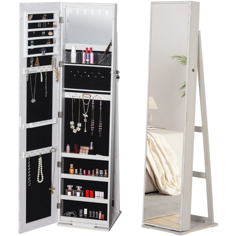 

Espejo Joyero de Pie Armario de Joyería con 6 Luces LED y Cerradura Organizador de Joyas con Estantes Ranuras para Anillos 38x38x157 cm - Blanco