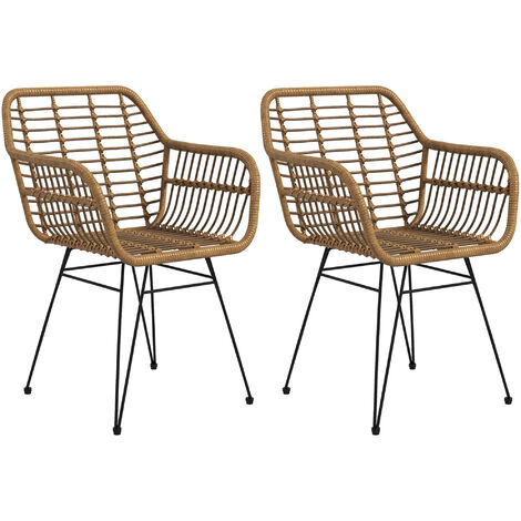 HOMCOM Esszimmerstühle 2er Set Küchenstuhl mit Rückenlehne, Kunstrattan-optik, Sessel mit Fußpolster, Wohnzimmerstuhl, Stühle mit Stahlbeine für Esstisch, Hellbraun+Schwarz
