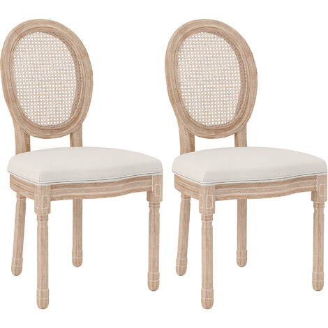 HOMCOM Esszimmerstühle 2er-Set, Küchenstuhl mit Rückenlehne, Polsterstuhl mit Leinenoptik, Rattanoptik, Essstuhl mit Holzbeine für Küche, Wohnzimmer, Cremeweiß