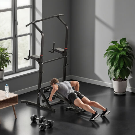 HOMCOM Estación de Musculación Torre de Entrenamiento Altura Ajustable con Barra de Dominadas y Banco Plegable para Fitness en Casa Gimnasio Carga 150 kg 99x178x230 cm Negro