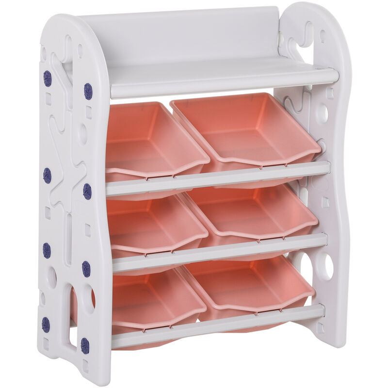 

Estantería Infantil de Juguetes Organizador Almacenaje de Niños con 6 Cajas y Estante para Sala de Juegos Guardería Libros 76x36x92 cm Coral y Blanco