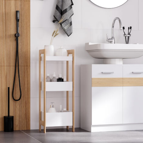 HOMCOM Estantería de Baño con 3 Estantes Organizador de Almacenaje Bambú para Cocina Sala de Estar Lavadero 27,5x20,8x74 cm Color Blanco y Natural