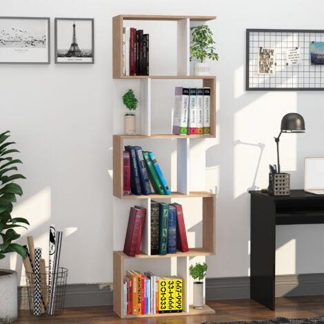 HOMCOM Estantería en Forma de S Alta con 5 Estantes Diseño Moderno para Salón Oficina 60x24x184,5cm Blanco y Madera