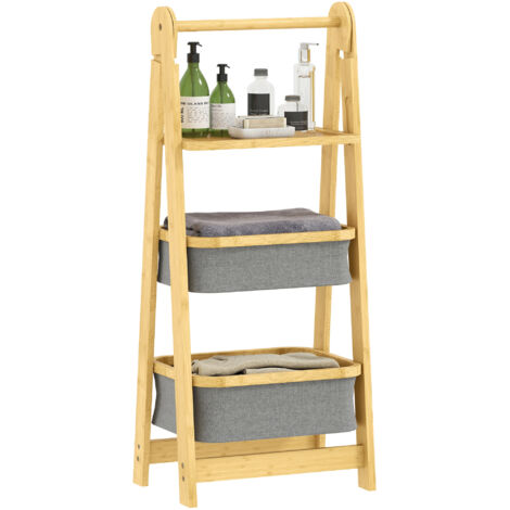 HOMCOM estantería para baño plegable de bambú, estante de baño con 2 cestos para ropa sucia, estante abierto, para dormitorio, lavadero, gris