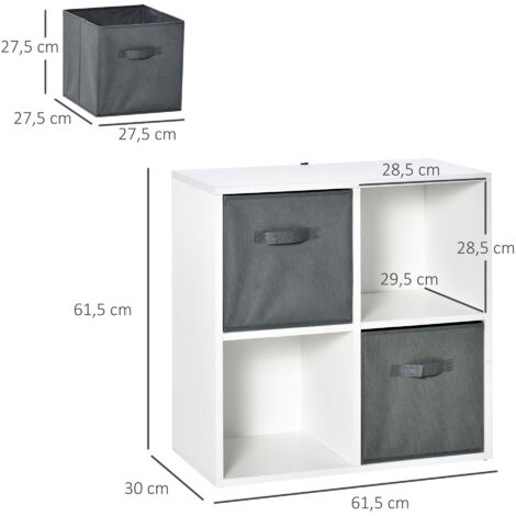 HOMCOM Estantería para Libros de 4 Cubos Librería Modular con 2 Cajones Extraíbles de Tela no Tejida para Oficina Estudio Dormitorio 61,5x30x61,5 cm Blanco y Gris