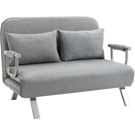 HOMCOM Fabric Convertible 2 Seater Sofa Bed w/ 2 Pillows, Light Grey