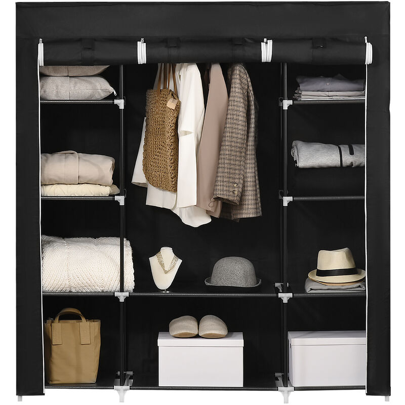 Fabric Wardrobe with 10 Shelves 1 Hanging Rail Foldable Closets Black - Black - Homcom