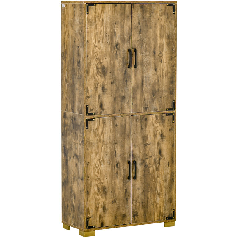 Farmhouse Style Tall Cupboard 4-Door Cabinet with Storage Shelves for Bedroom & Living Room, Rustic Wood Effect - Homcom