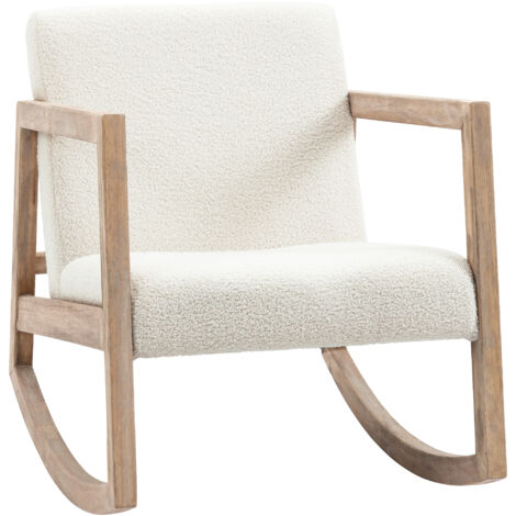 HOMCOM Fauteuil à bascule allaitement en tissu laine bouclée, pieds bois hévéa massif, chaise berçante chambre salon - 60x81x71 cm blanc crème