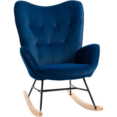 Homcom – Fauteuil à bascule oreilles rocking chair velours bleu – Dossier haut et assise profonde – Bois massif d'hévéa et mousse haute densité – Charge max 150 kg