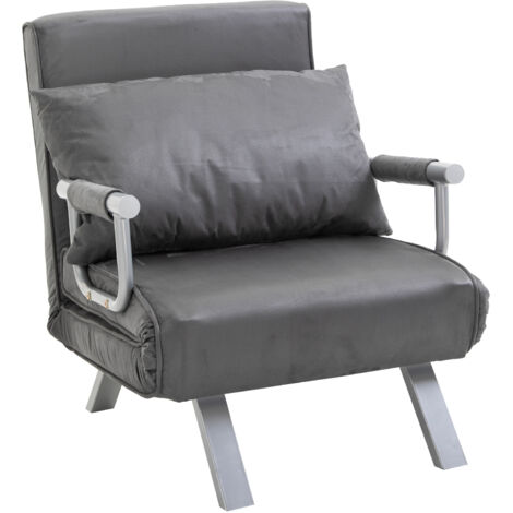 Homcom – Fauteuil convertible 1 place déhoussable en suède gris – Coussin épais 3,5 cm – Accoudoirs métal – Dimensions canapé 65L x 69l x 82H cm