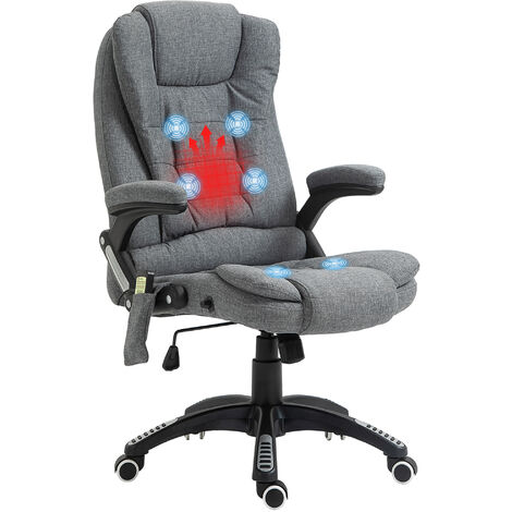 Homcom – Fauteuil de bureau massant et chauffant – Dossier inclinable – Hauteur réglable – Toile de lin gris chiné – 6 points de massage