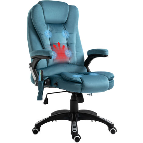 Homcom – Fauteuil de bureau ergonomique massant et chauffant – Dossier inclinable 130° – Télécommande – Revêtement polyester bleu – Pivotant 360°