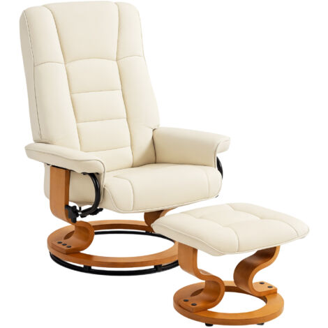 Homcom – Fauteuil inclinable avec repose-pied – Pivotant 360° – Cadre en bois courbé – Revêtement synthétique crème – Charge max. 150 kg