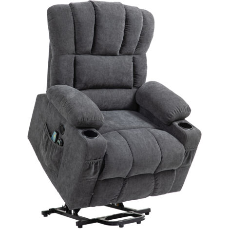 HOMCOM Fernsehsessel mit Aufstehhilfe Elektrisch Relaxsessel mit Liege-, Heiz- und Massagefunktion, TV-Sessel mit Typ-C- und USB-Anschlüssen, Becherhalter, Dunkelgrau