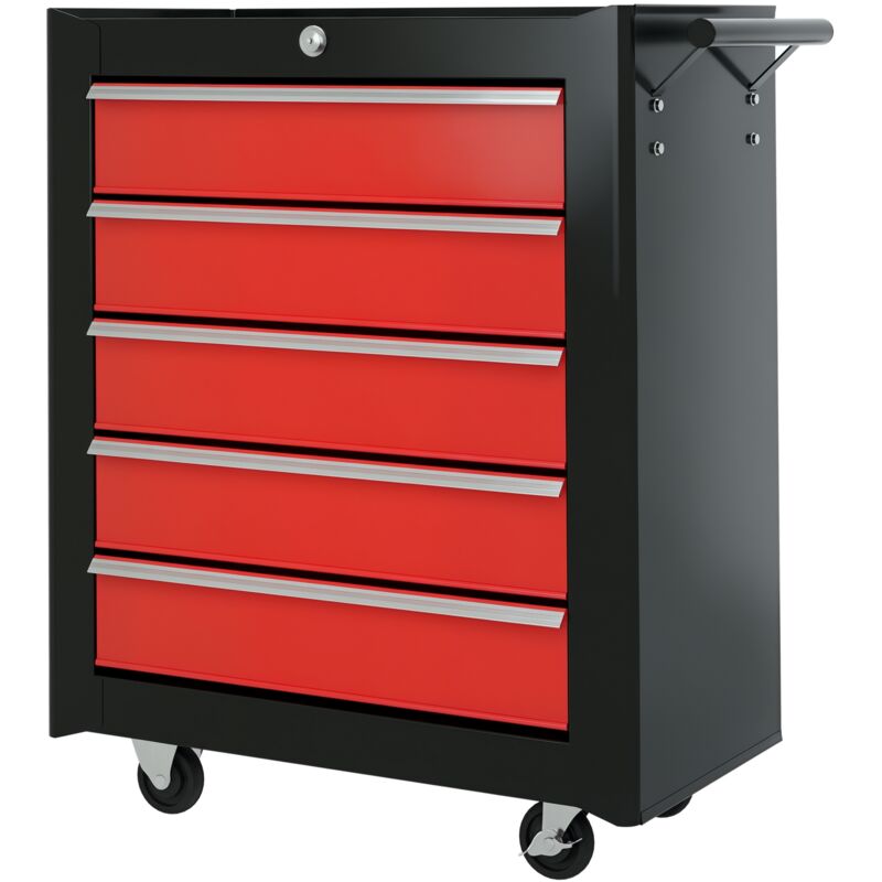 Homcom - 5-Drawer Tool Chest Steel Lockable Tool Storage Cabinet w/ Wheels Red, Black