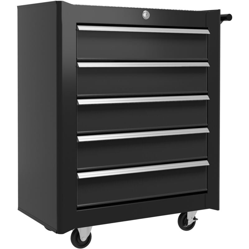 Homcom - 5-Drawer Tool Chest Steel Lockable Tool Storage Cabinet w/ Wheels Black - Black