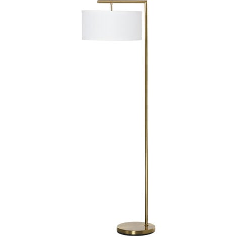main image of "HOMCOM Floor Lamp, Modern Standing Light with Linen Lampshade, Round Base for Living Room, Bedroom, Dining Room, Gold and White"