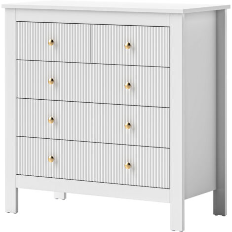 HOMCOM Fluted Bedroom Chest of Drawers w/ 5 Drawers Gold Tone Handles White