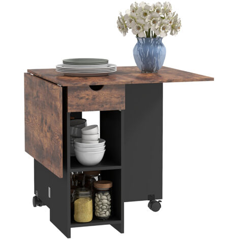 HOMCOM Foldable Dining Table, Drop Leaf Table with Storage, Rustic Brown