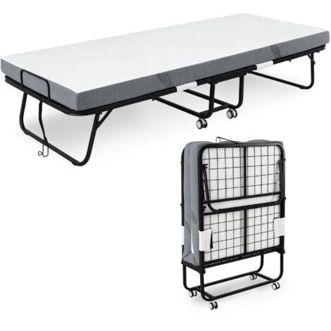 HOMCOM Folding Bed with 10cm Mattress, Portable Foldable Guest Bed with Wheels