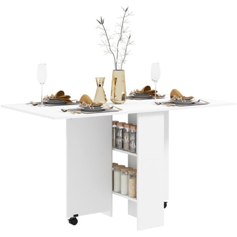 HOMCOM Folding Dining Table, Drop Leaf Table for Small Spaces with 2-tier Shelves, Small Kitchen Table with Rolling Casters White